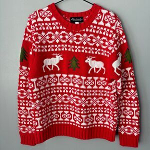 Skedouche Red Sweater Fair Isle Nordic Festive Party Holidays Ski Moose Womens L